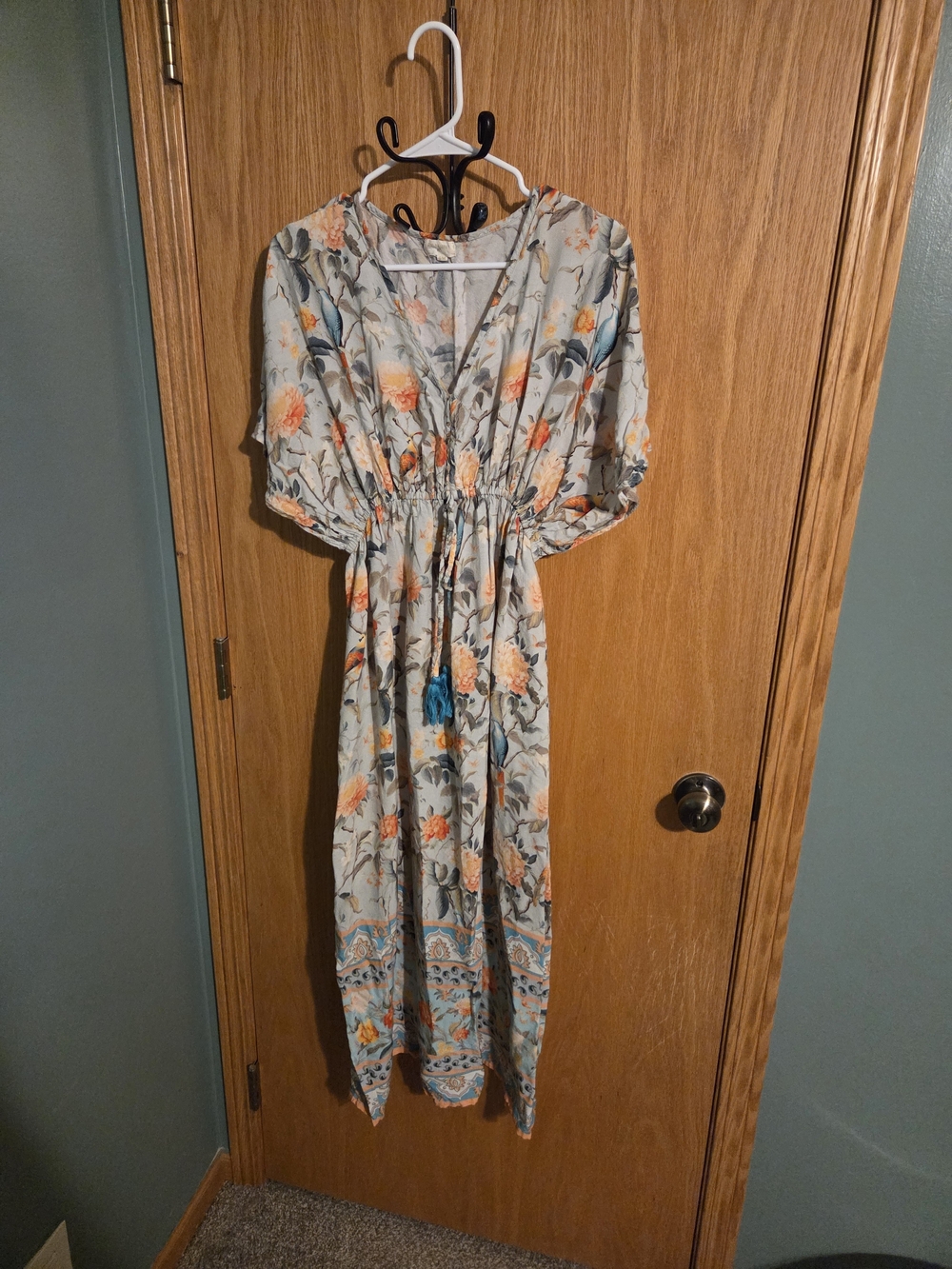 World Market Light Blue Floral Drawstring Maxi Dress size s/m
